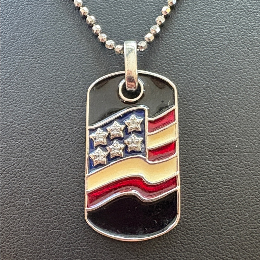 Sterling silver dog tag patriotic necklace American flag blue sapphire 925 22"